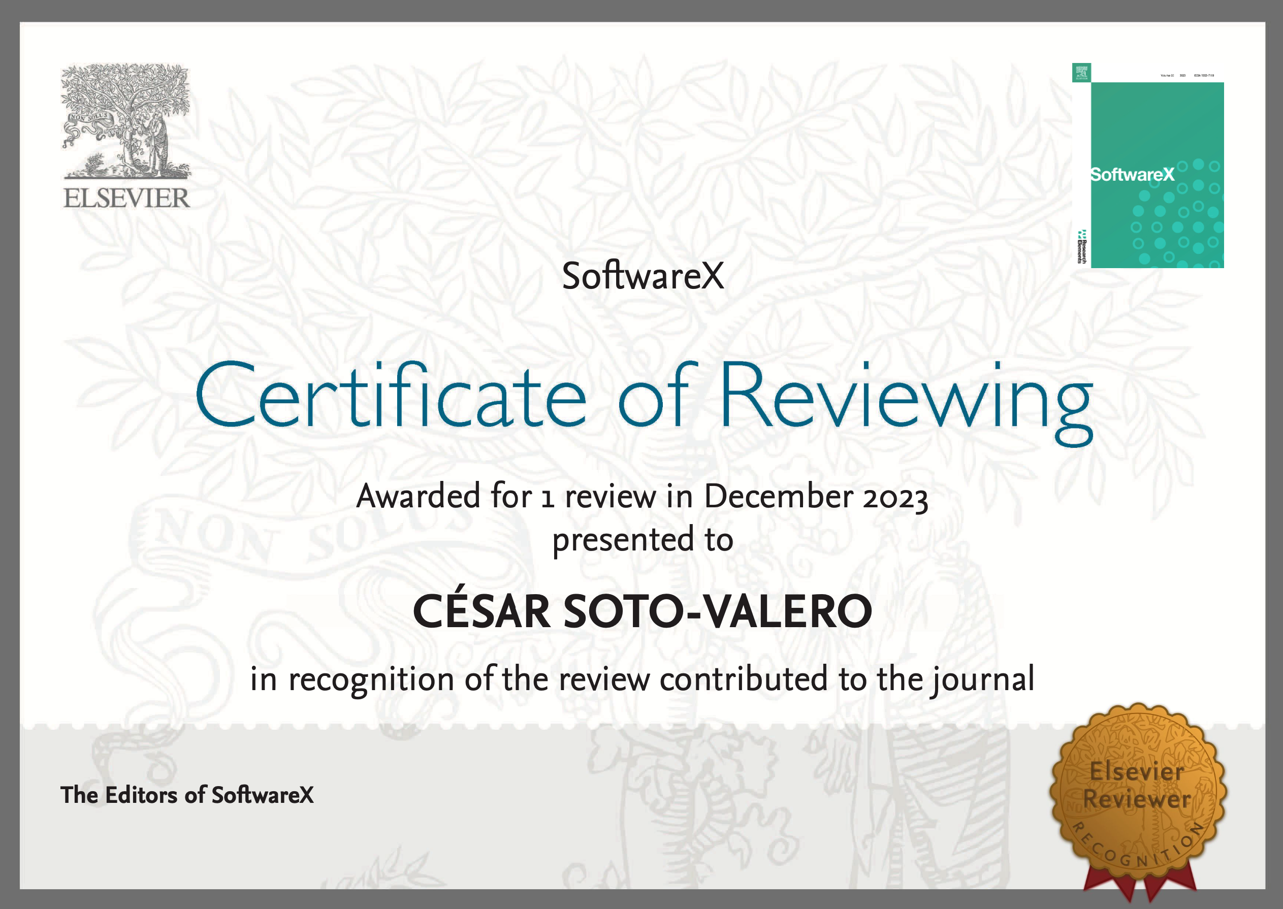 Reviewer Certificate SoftwareX 2023