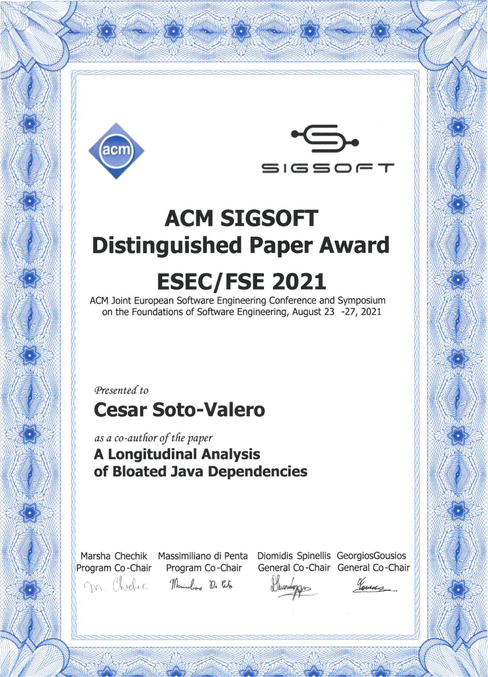 FSE Distinguished Paper Award