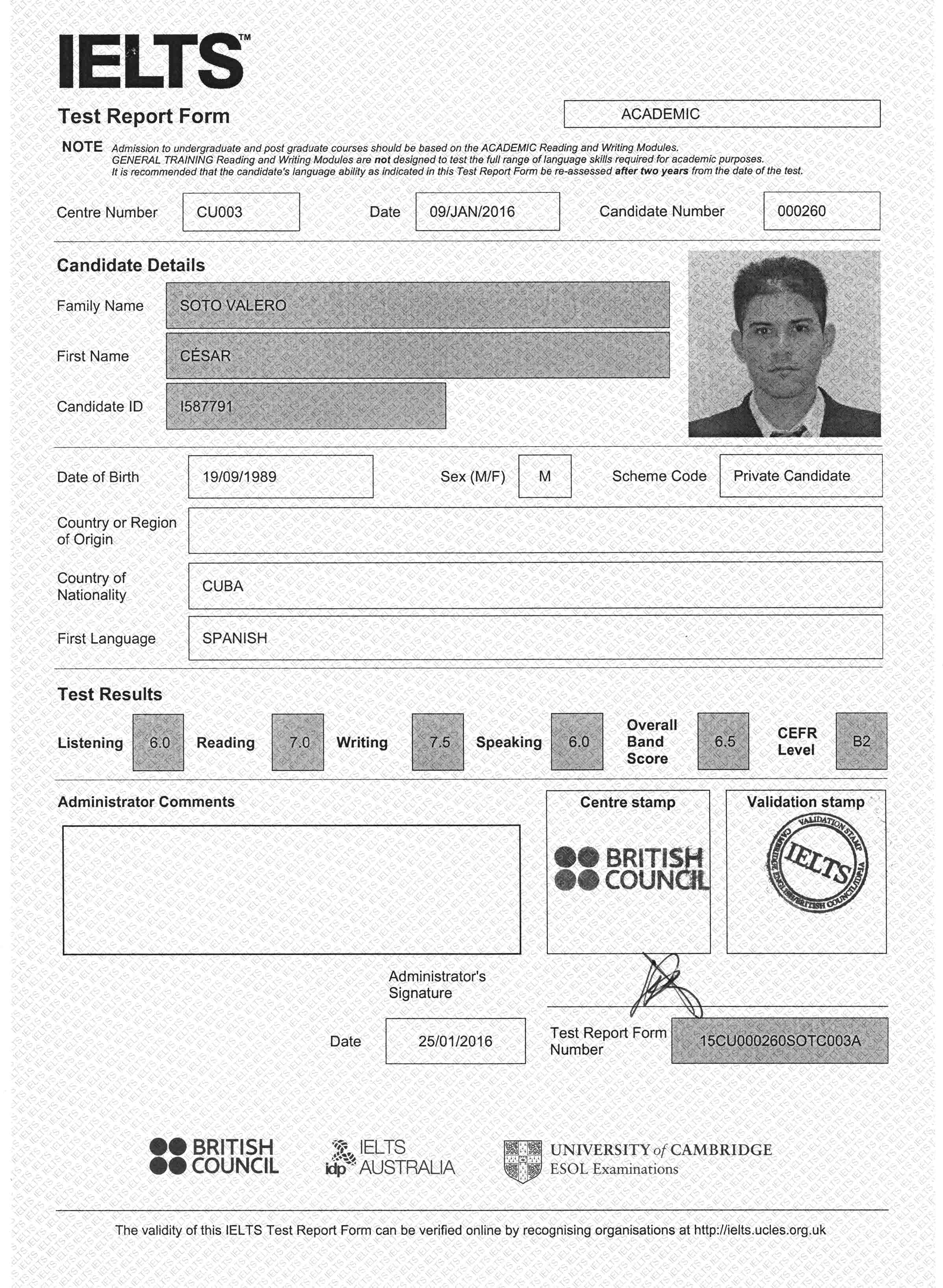 My official IELTS test report form.