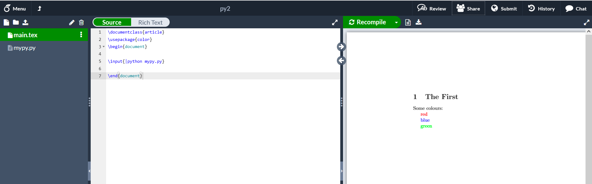 The figure shows a working example of Python code embedded in a LaTeX file in Overleaf.